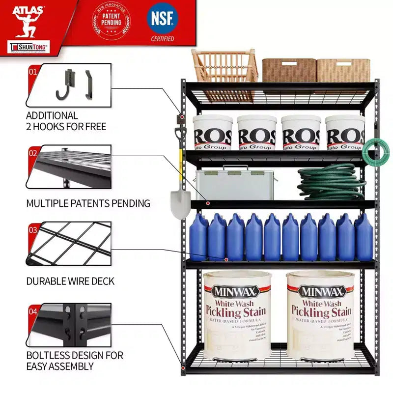 Atlas Shelving 5-Tier 48"x24"x72" Steel Boltless Shelving Load 4000lbs with Wire Deck Dark Gray