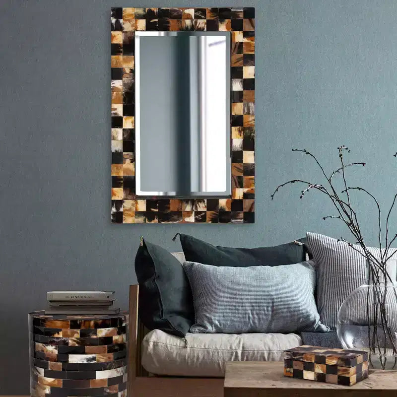 24 in Rectangular Beveled Wall Mirror | White & Tan Tiled Horn Frame