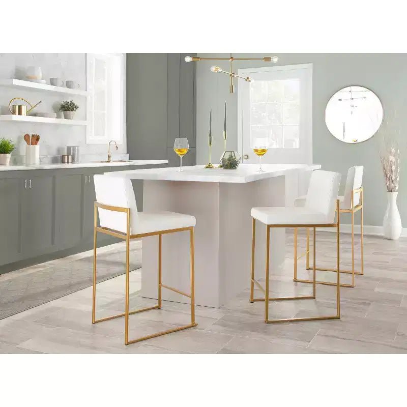 LumiSource Set of 3 Fuji High Back Counter Height Barstools Gold Steel/White PU