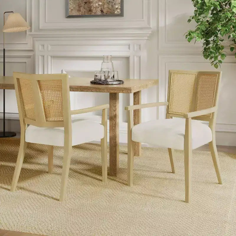 Set of 2 Nolan Upholstered Dining Arm Chairs | Cane Webbing Beige & Light Ash