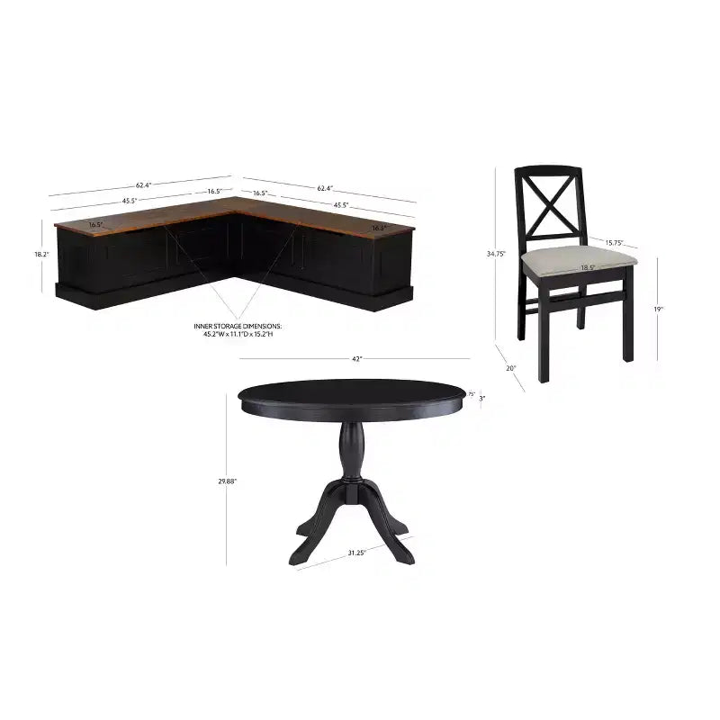 Linon 4pc Tobin Nook and Table Dining Set Black/Walnut