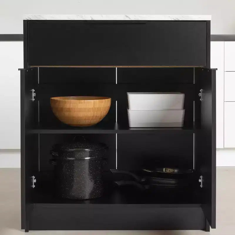 South Shore Olio Kitchen Island Matte Black/Faux White Marble