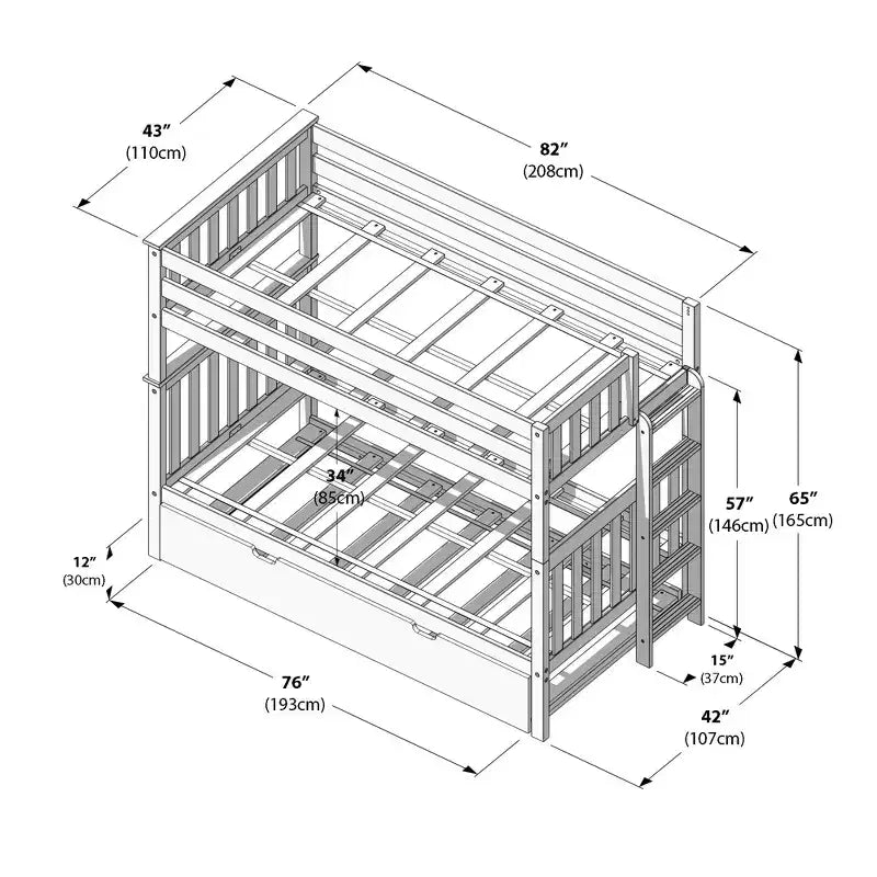Max & Lily Bunk Bed with Ladder on End and Trundle, Twin-Over-Twin Bed Frame for Kids