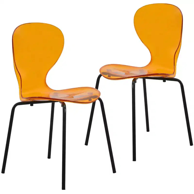 LeisureMod Oyster Transparent Dining Chairs Set of 2  Stackable Curved Back Design with Black Stainless Steel Legs for Kitchen or Dining Room
