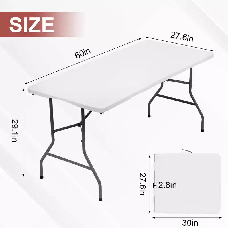 Folding Table 5 Foot Portable HDPE Plastic Indoor Outdoor Rectangular Table with Steel Legs White