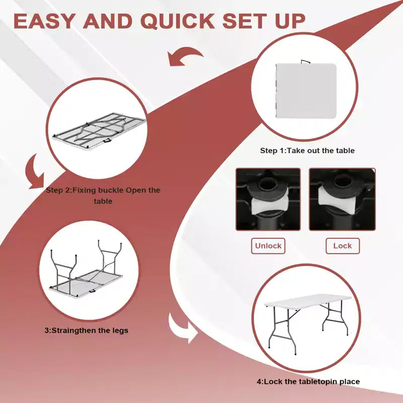 Folding Table 5 Foot Portable HDPE Plastic Indoor Outdoor Rectangular Table with Steel Legs White