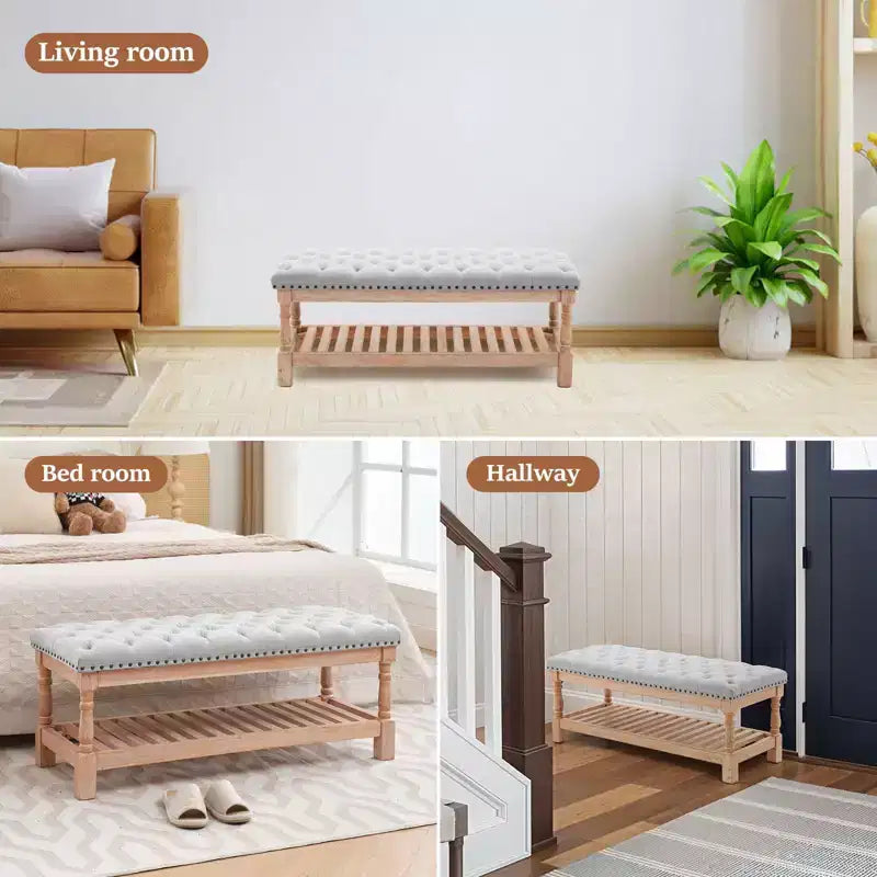 Hyleory 44.3-inch Corduroy Oversized Storage Solid Wood Comfort Bedside Bench for Bedroom, Living Room and Nursing Room