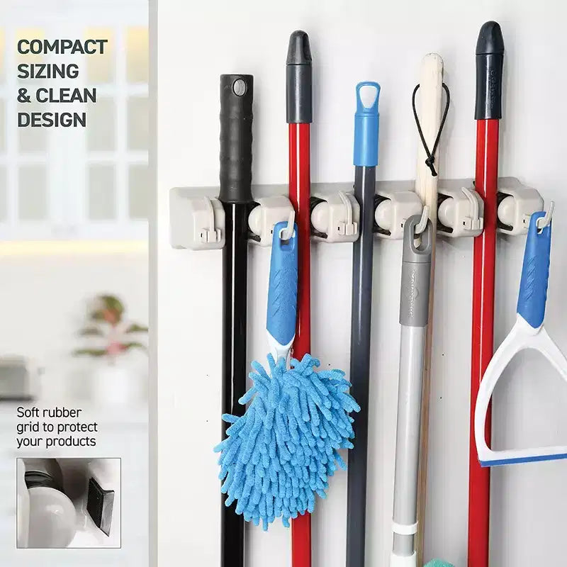 1-2 Pack Broom and Mop Holder Rack - Garage Storage System - Garden Tool Organizer with 5 Slots, 6 Hooks, 7.5lbs Capacity Per Slot Off - Homeitusa