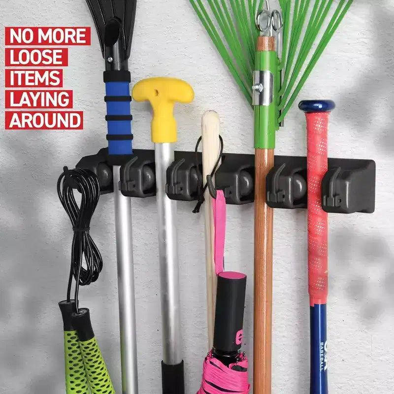 1-2 Pack Broom and Mop Holder Rack - Garage Storage System - Garden Tool Organizer with 5 Slots, 6 Hooks, 7.5lbs Capacity Per Slot Off - Homeitusa