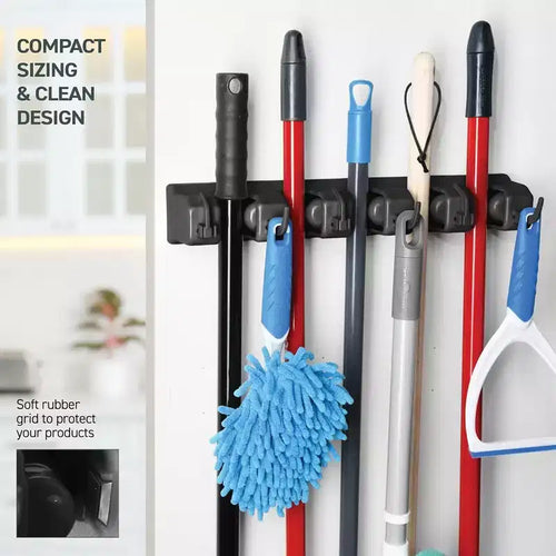 1-2 Pack Broom and Mop Holder Rack - Garage Storage System - Garden Tool Organizer with 5 Slots, 6 Hooks, 7.5lbs Capacity Per Slot Off - Homeitusa