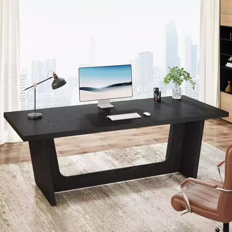 Lantine 70.87-Inch Executive Computer Desk with Solid Wooden Pedestal