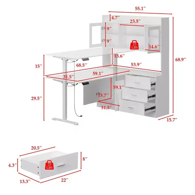 Famapy Liftable Desk Computer Desk Large Desktop All-in-One Composite Storage Cabinet White