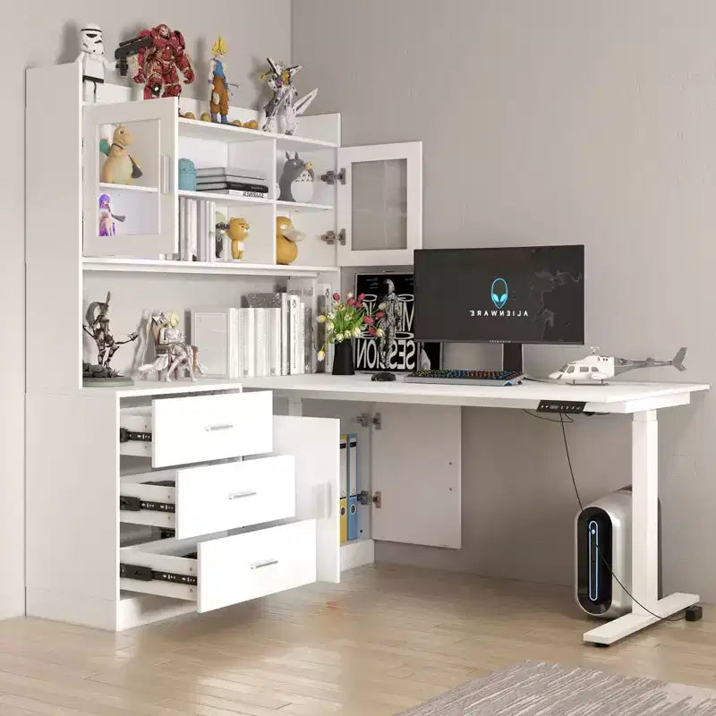 Famapy Liftable Desk Computer Desk Large Desktop All-in-One Composite Storage Cabinet White