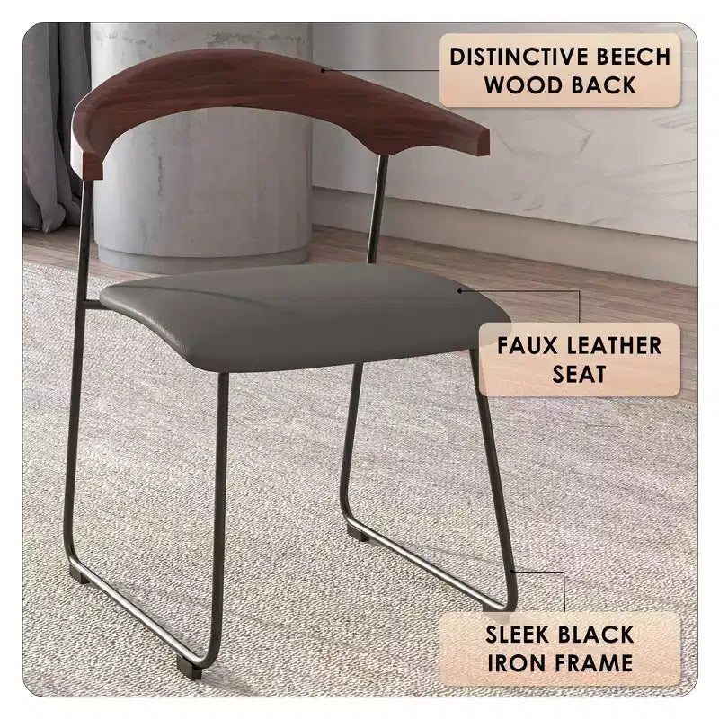 LeisureMod Upholstered Dining Chair in Leather with Beech Back and Iron Legs Set of 4 Lyra Series