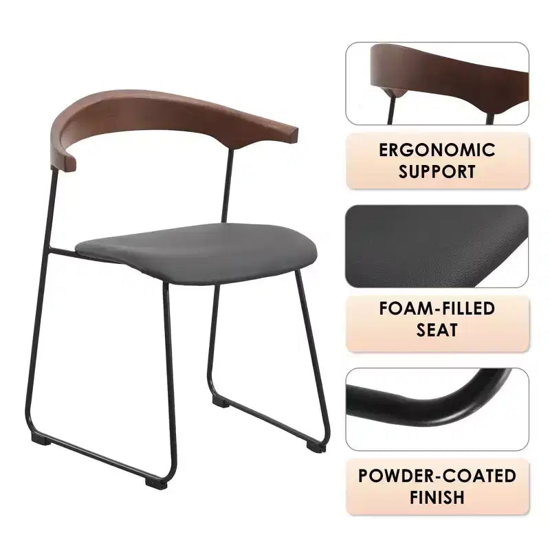 LeisureMod Upholstered Dining Chair in Leather with Beech Back and Iron Legs Set of 4 Lyra Series