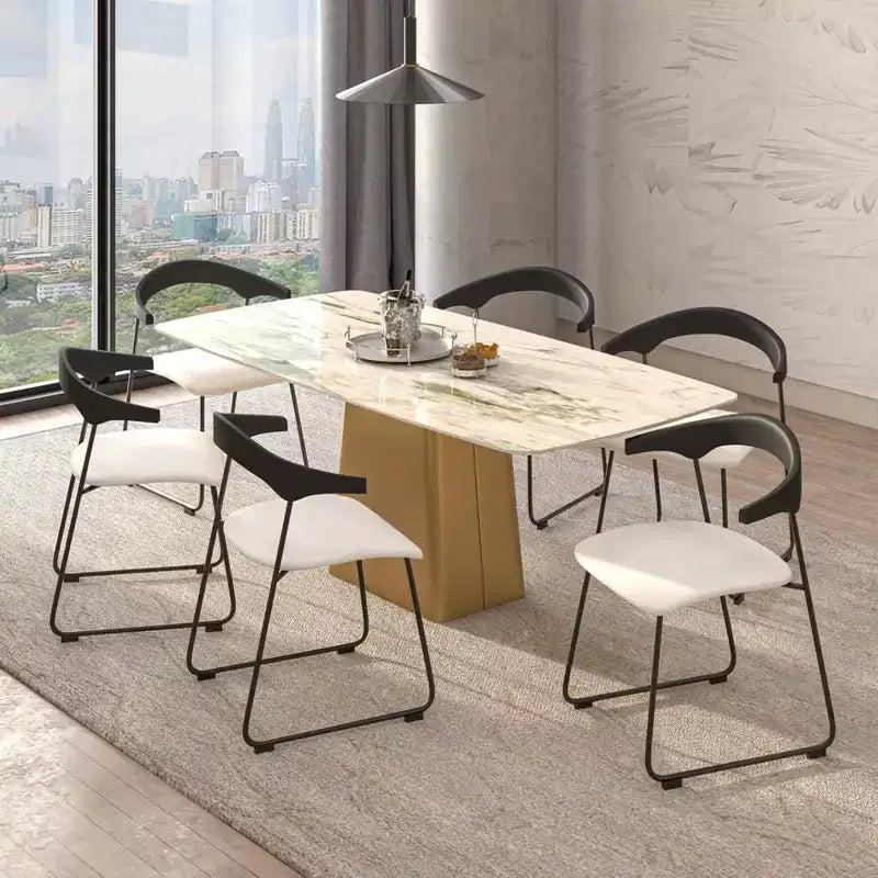 LeisureMod Upholstered Dining Chair in Leather with Beech Back and Iron Legs Set of 4 Lyra Series