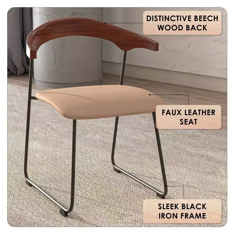 LeisureMod Upholstered Dining Chair in Leather with Beech Back and Iron Legs Set of 4 Lyra Series