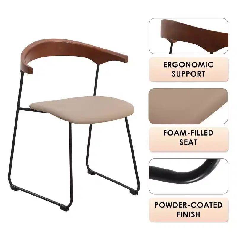 LeisureMod Upholstered Dining Chair in Leather with Beech Back and Iron Legs Set of 4 Lyra Series