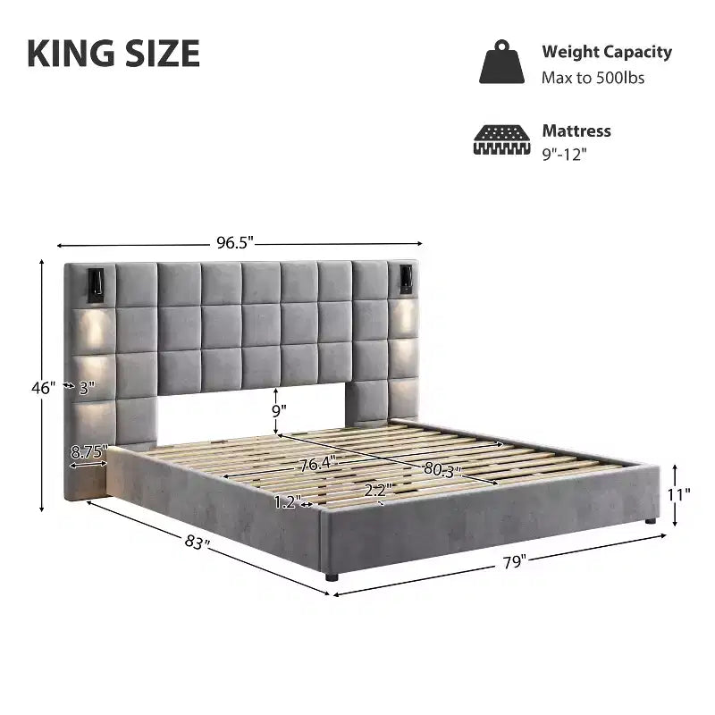 King/Queen Size Upholstered Platform Bed Frame with Wide Headboard, Reading Lamp and USB Port, Velvet, Gray - ModernLuxe