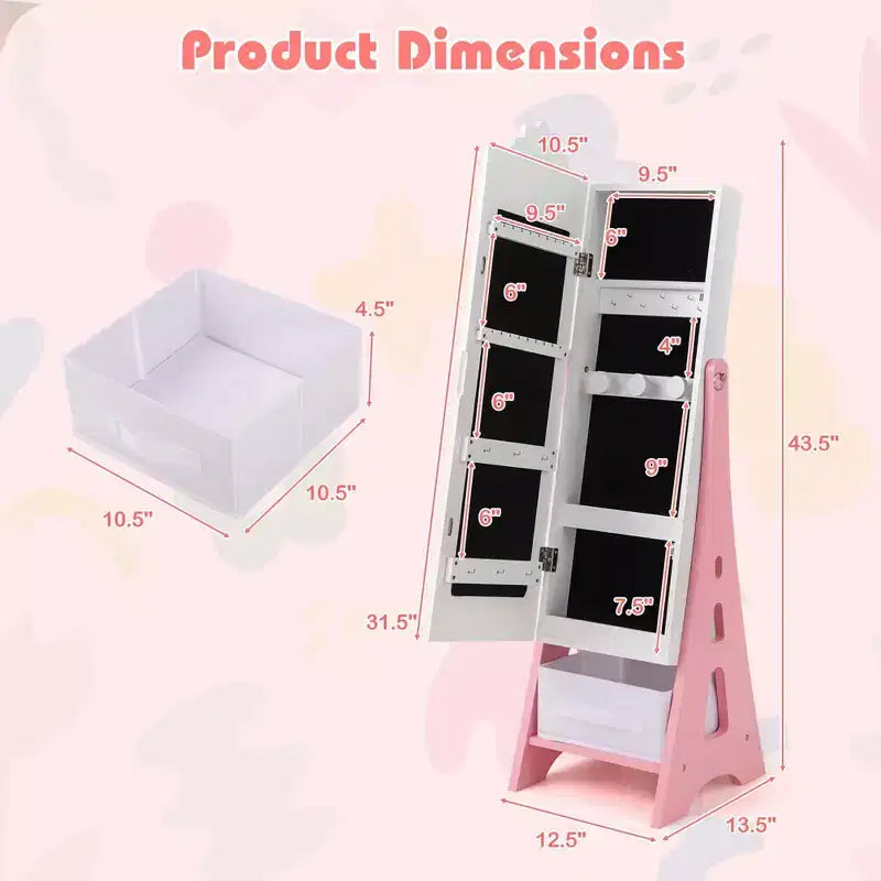 Costway Kids Vanity Set Princess Makeup Dressing Table & Chair Set with Jewelry Armoire White/Pink