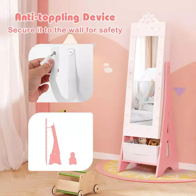 Costway Kids Vanity Set Princess Makeup Dressing Table & Chair Set with Jewelry Armoire White/Pink