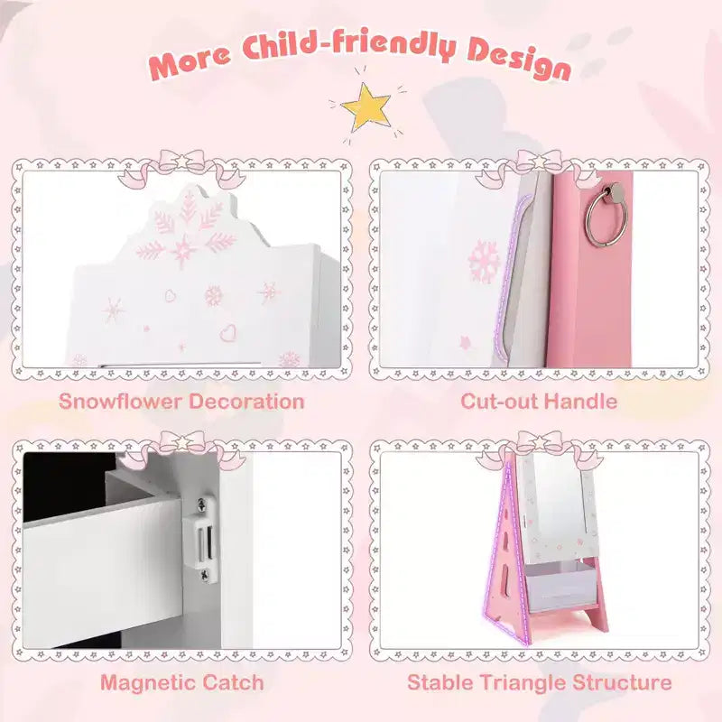 Costway Kids Vanity Set Princess Makeup Dressing Table & Chair Set with Jewelry Armoire White/Pink