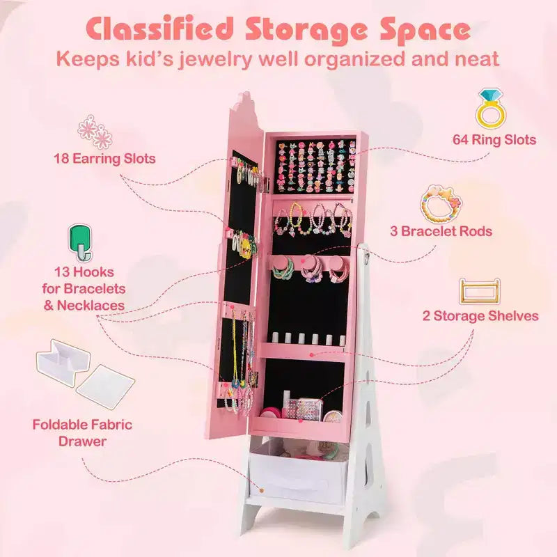 Costway Kids Vanity Set Princess Makeup Dressing Table & Chair Set with Jewelry Armoire White/Pink