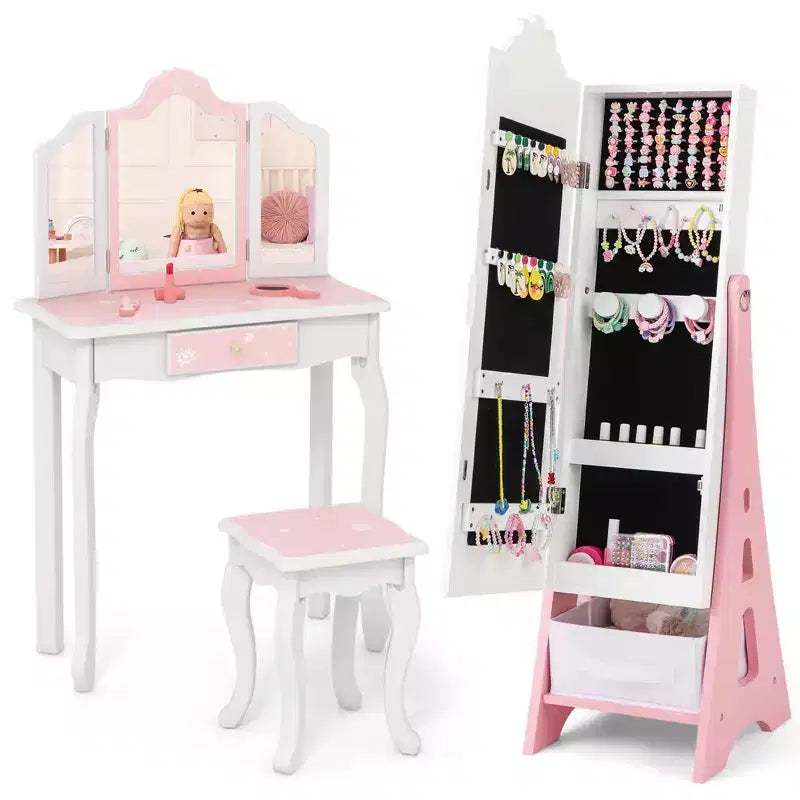 Costway Kids Vanity Set Princess Makeup Dressing Table & Chair Set with Jewelry Armoire White/Pink