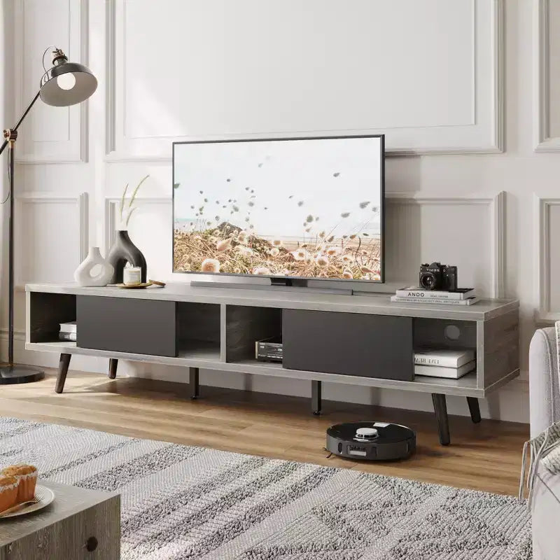 Bestier 70 inch Mid-Century Modern TV Stand for 65/70/75 TV, Low Entertainment Center TV Console Cabinet with Sliding Doors for Living Room