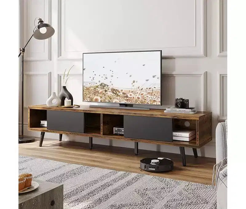 Bestier 70 inch Mid-Century Modern TV Stand for 65/70/75 TV, Low Entertainment Center TV Console Cabinet with Sliding Doors for Living Room