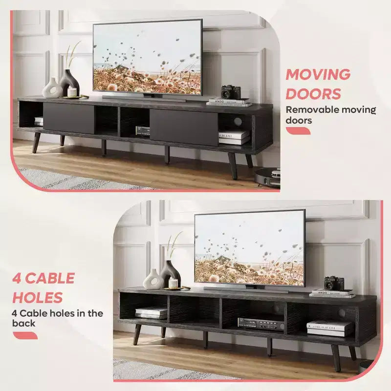Bestier 70 inch Mid-Century Modern TV Stand for 65/70/75 TV, Low Entertainment Center TV Console Cabinet with Sliding Doors for Living Room