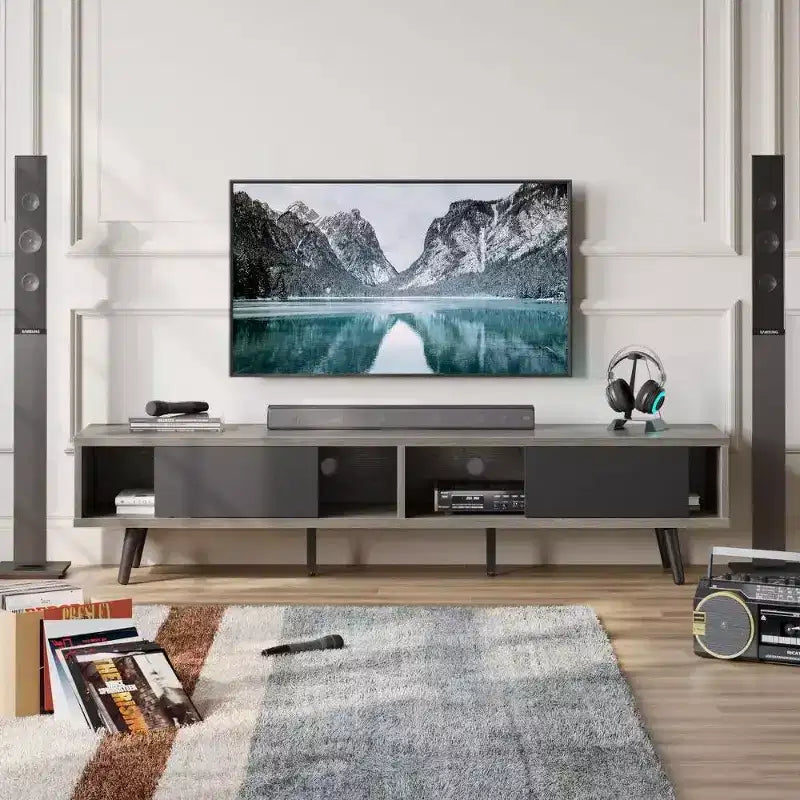 Bestier 70 inch Mid-Century Modern TV Stand for 65/70/75 TV, Low Entertainment Center TV Console Cabinet with Sliding Doors for Living Room