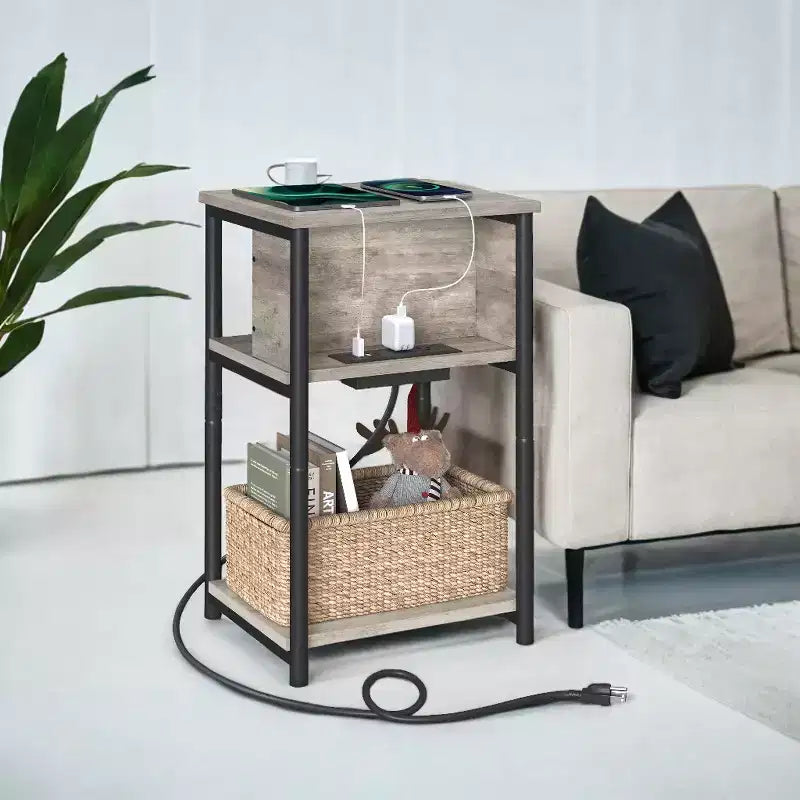 End Table with Built-in Charging Station 3-Tier Nightstand with USB Ports and Power Outlets Side Table for Living Room