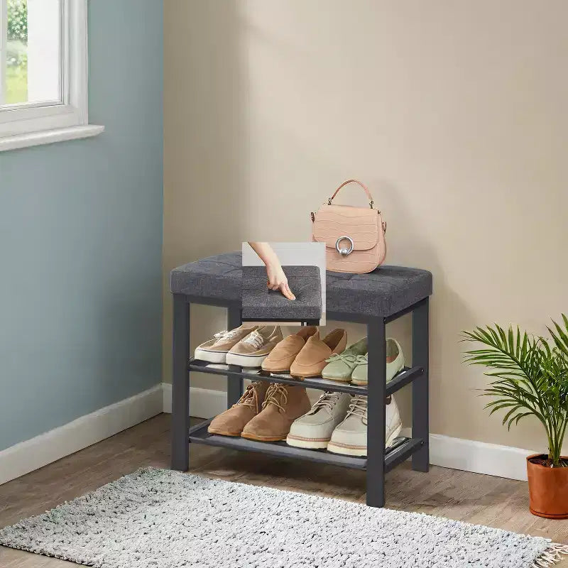 Entryway Shoe Bench with Cushion | Foam Padded Linen Seat & Metal Frame