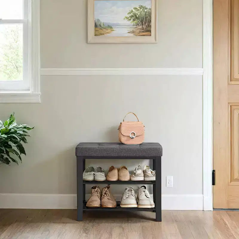 Entryway Shoe Bench with Cushion | Foam Padded Linen Seat & Metal Frame