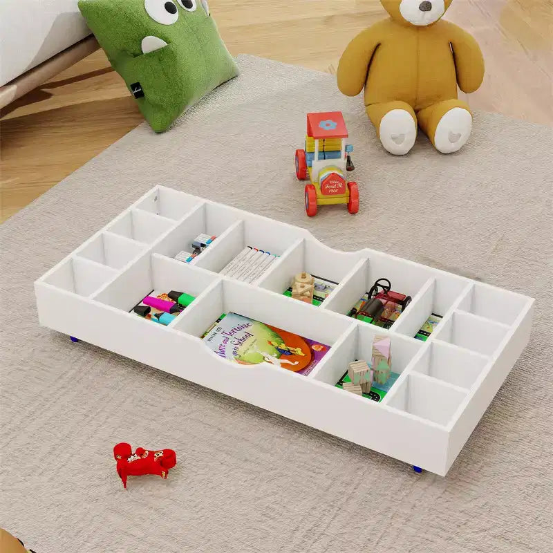 The 2 in 1 Rollaway Play Table and Toy Organizer Compatible with Lego Suitable for Storing Under Bed or Sofa-White (38 x 18.7 x 5.9)