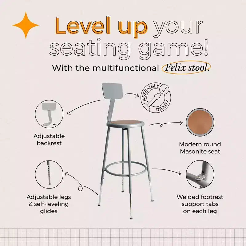 Hampden Furnishings 25-33" Felix Collection Steel Counter Height Barstool with Backrest