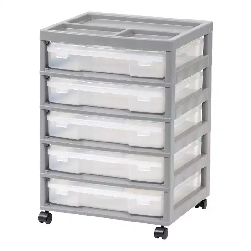 IRIS 5 Drawers Scrapbook Plastic Rolling Storage Cart with Organizer Top with Casters
